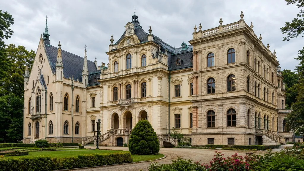 Die getürmte Front von Schloss Moszna über dem Park